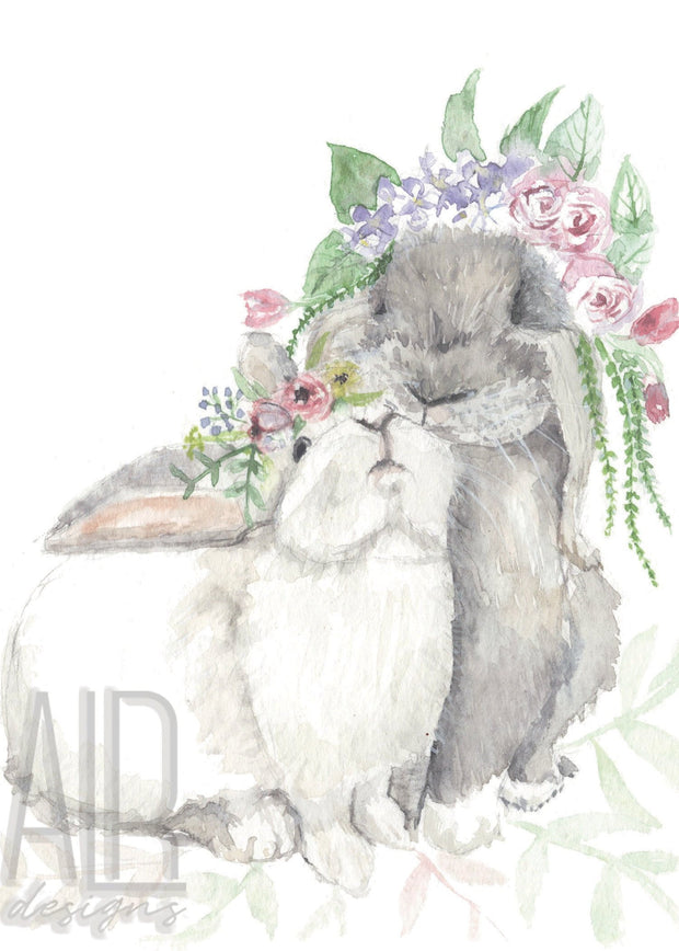 Flower crown bunnies 5x7 blank greeting card, easter card, Mother's day, Birthday card, baby shower card, bunny lover card