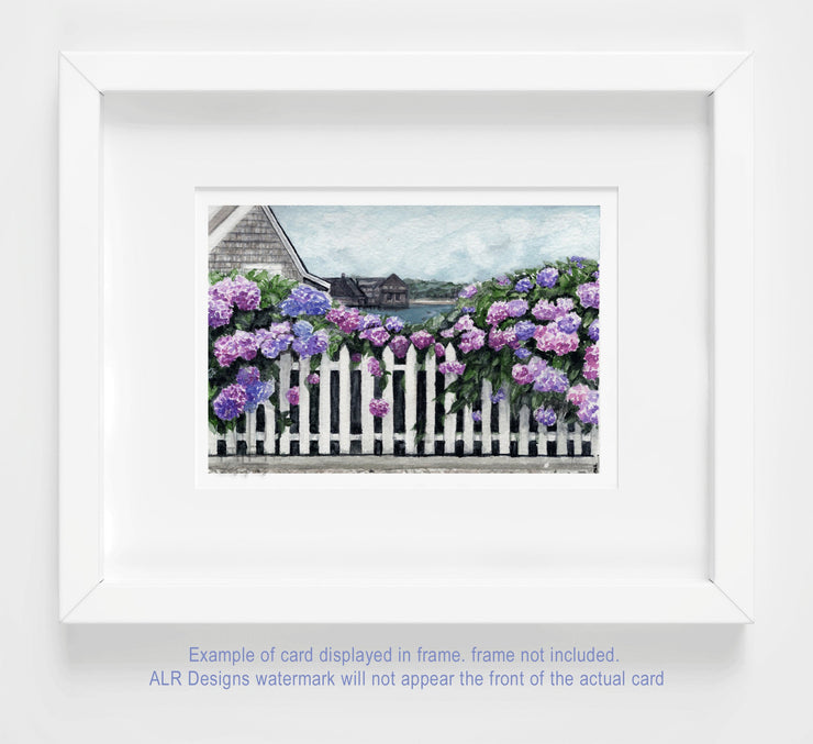 Summer Hydrangeas landscape blank greeting card, mothers day card, thank you card, beach art, coastal cottage art, card for mom, birthday