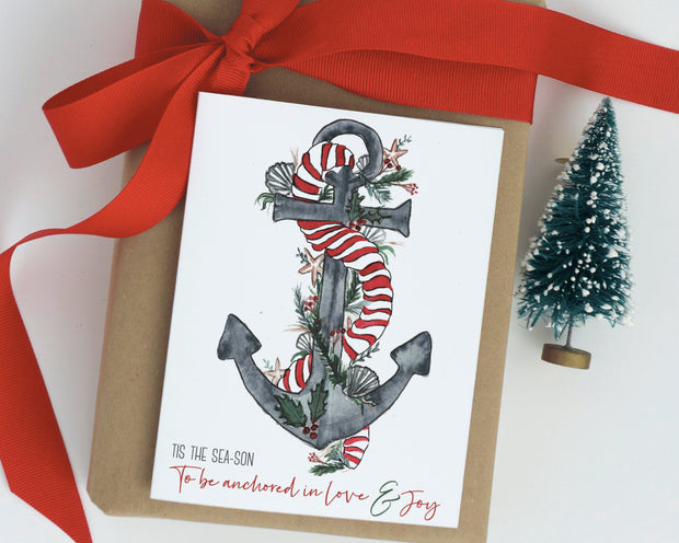 Christmas anchor blank greeting card, holiday art, nautical, christmas cards, love and joy, unique one of a kind card, christmas decorations
