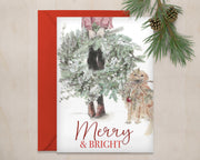 Girl with dog Christmas wreath card, christmas card, card for pet lovers, dog lovers, christmas and holiday art, christmas decorations