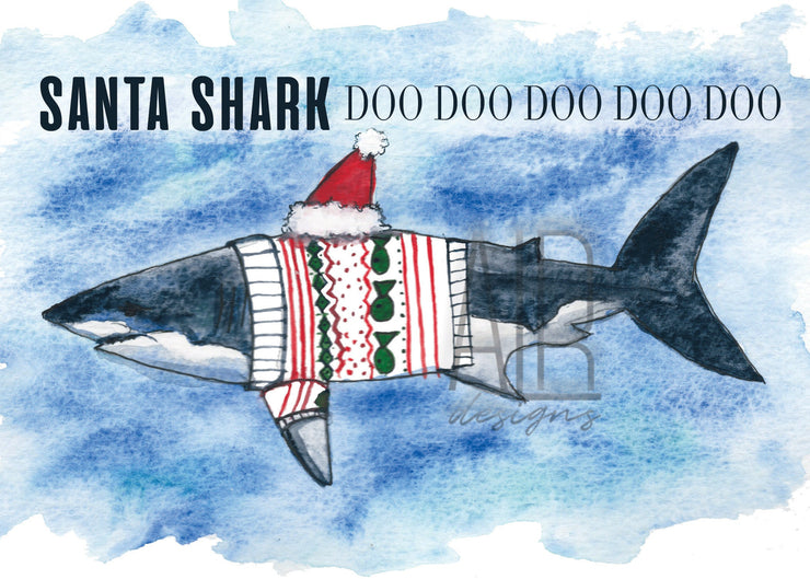Santa Shark Song blank greeting card, nautical art, cute christmas cards, funny cards for kids, christmas sweater card, christmas decoration