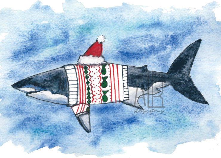 Santa Shark in Sweater greeting card, nautical art, cute christmas cards, funny cards for kids, christmas sweater card, christmas decoration