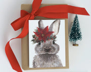 Poinsettia flower crown Bunny, blank greeting card, animal christmas and cute holiday card,for bunny lovers, woodland rabbit art