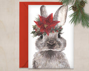 Poinsettia flower crown Bunny, blank greeting card, animal christmas and cute holiday card,for bunny lovers, woodland rabbit art