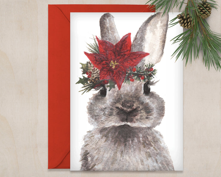 Poinsettia flower crown Bunny, blank greeting card, animal christmas and cute holiday card,for bunny lovers, woodland rabbit art