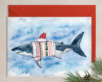 Santa Shark in Sweater greeting card, nautical art, cute christmas cards, funny cards for kids, christmas sweater card, christmas decoration