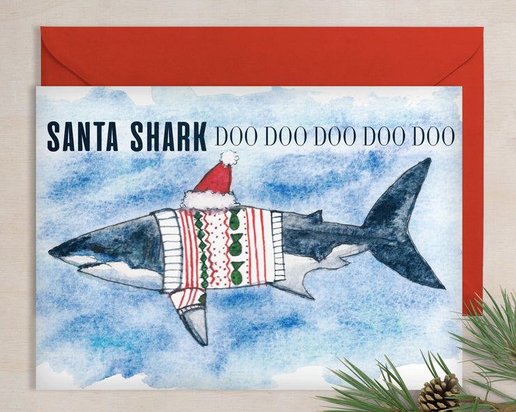 Santa Shark Song blank greeting card, nautical art, cute christmas cards, funny cards for kids, christmas sweater card, christmas decoration