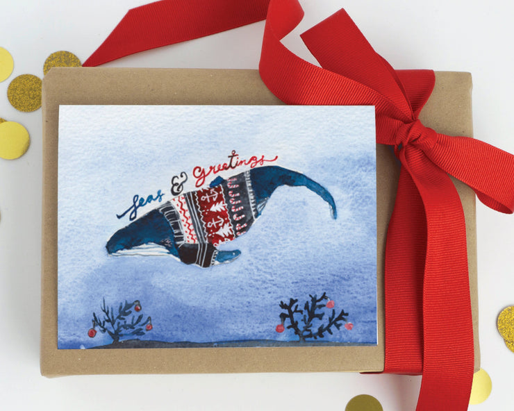 Whale Christmas Sweater greeting card, nautical art, cute christmas cards, funny christmas sweater card, christmas decoration