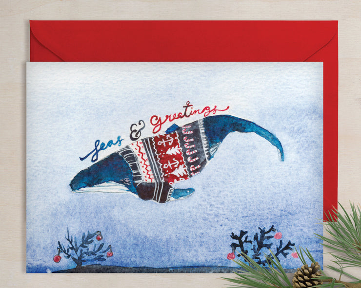 Whale Christmas Sweater greeting card, nautical art, cute christmas cards, funny christmas sweater card, christmas decoration