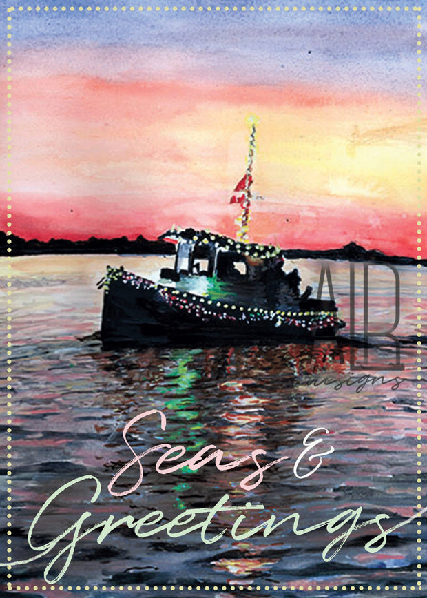 Tugboat Seas & Greetings card, nautical christmas card, holiday card nautical christmas, christmas decoration, beach christmas card,
