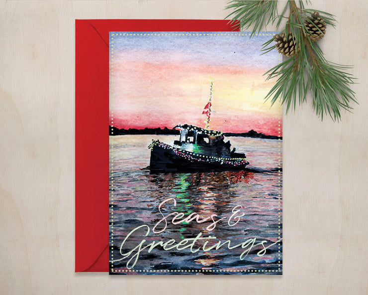 Tugboat Seas & Greetings card, nautical christmas card, holiday card nautical christmas, christmas decoration, beach christmas card,