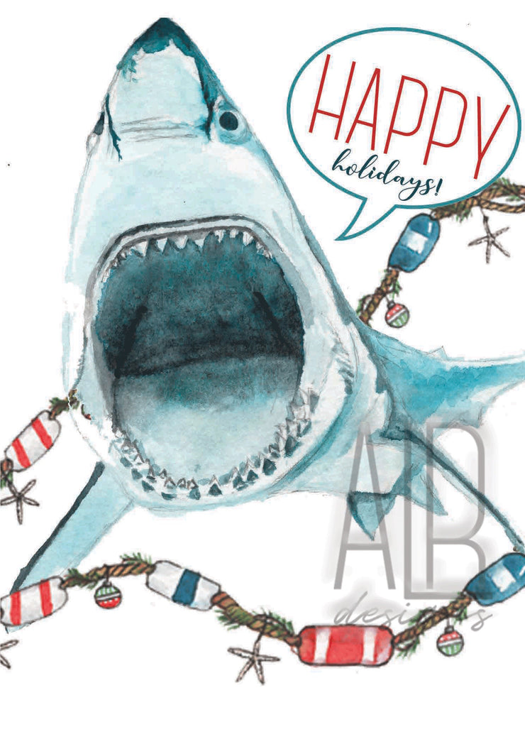 Happy Holidays Shark greeting card, nautical art, cute christmas cards, funny cards for kids, christmas card, christmas decoration