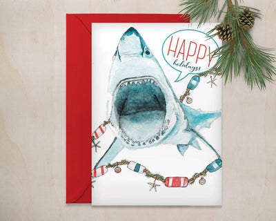 Happy Holidays Shark greeting card, nautical art, cute christmas cards, funny cards for kids, christmas card, christmas decoration