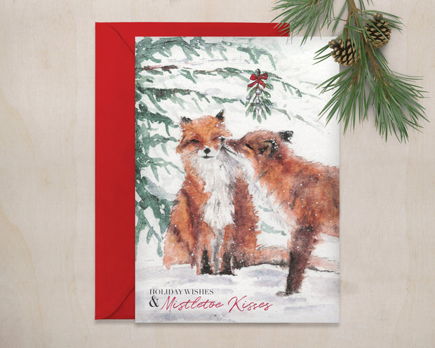 Fox kisses holiday greeting card, animal christmas, cute holiday card,for wife,card for husband, card for partner, woodland  art, couples