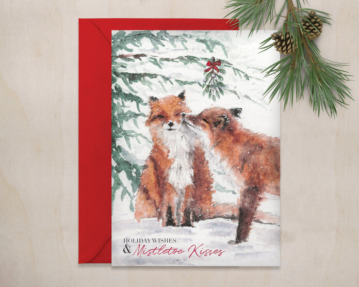 Fox kisses holiday greeting card, animal christmas, cute holiday card,for wife,card for husband, card for partner, woodland  art, couples