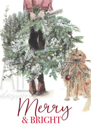 Girl with dog Christmas wreath card, christmas card, card for pet lovers, dog lovers, christmas and holiday art, christmas decorations