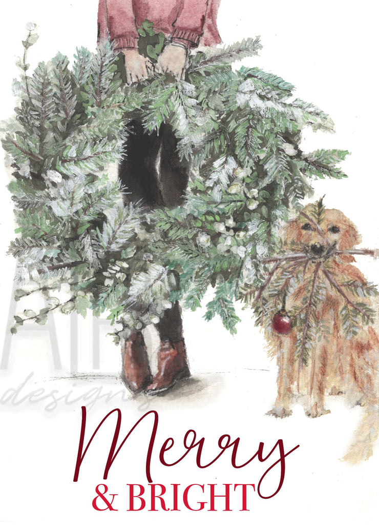 Girl with dog Christmas wreath card, christmas card, card for pet lovers, dog lovers, christmas and holiday art, christmas decorations