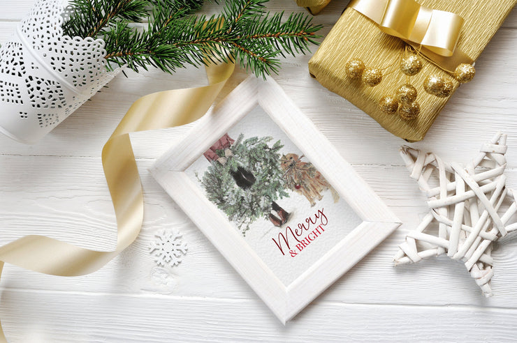 Girl with dog Christmas wreath card, christmas card, card for pet lovers, dog lovers, christmas and holiday art, christmas decorations