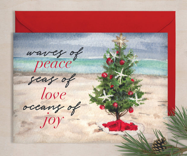Beach Christmas Tree peace, love & card, Christmas greeting card, nautical holiday card, beach christmas card, watercolor christmas art