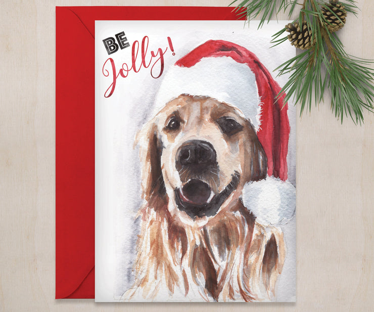Be Jolly Golden Retriever Christmas greeting card, pet lover holiday card, cute christmas card,  christmas art, pet art, dog christmas card