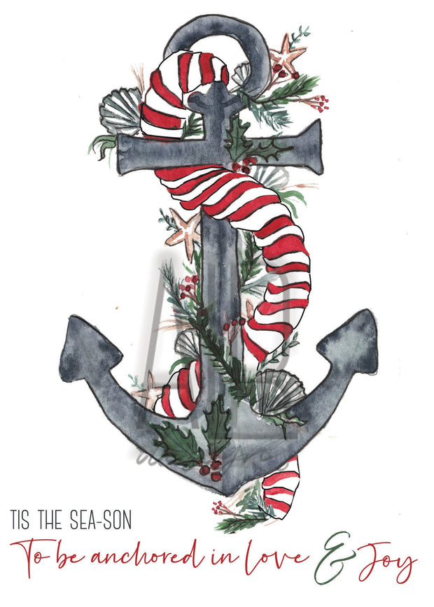 Christmas anchor blank greeting card, holiday art, nautical, christmas cards, love and joy, unique one of a kind card, christmas decorations