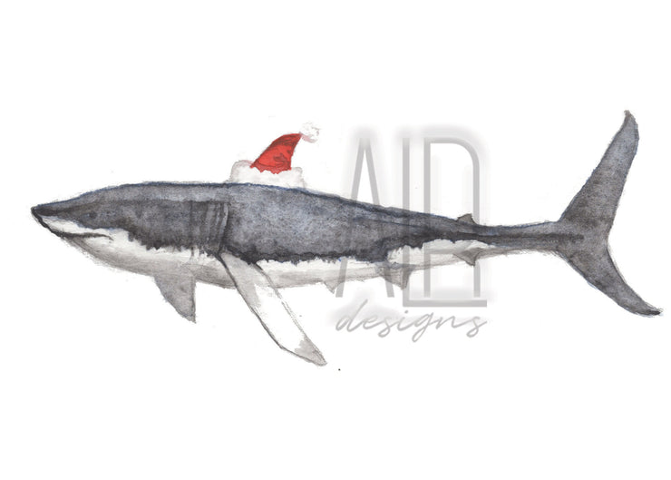 Santa Shark blank greeting card, nautical art, christmas cards, funny cards for kids, unique one of a kind card, christmas decorations