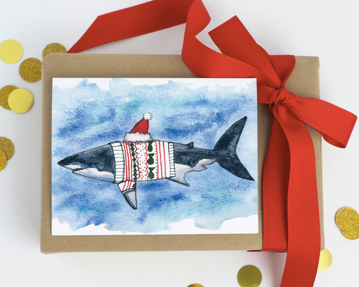 Santa Shark in Sweater greeting card, nautical art, cute christmas cards, funny cards for kids, christmas sweater card, christmas decoration