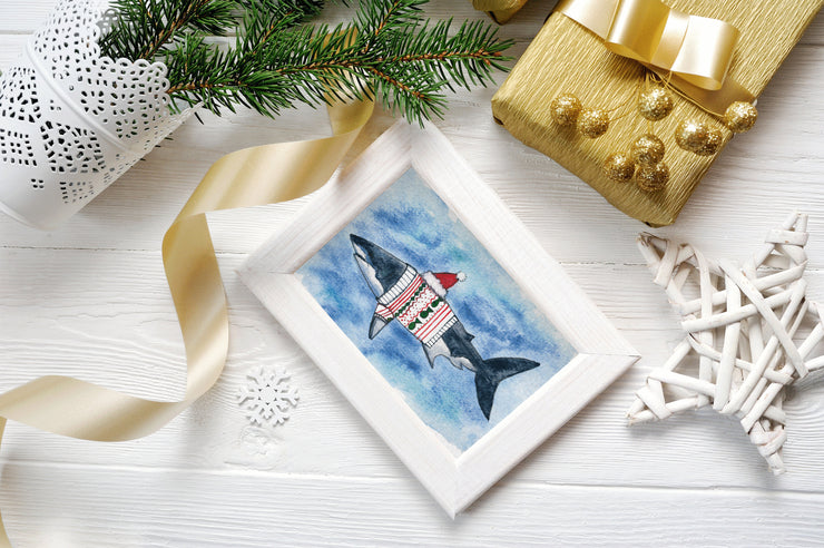 Santa Shark in Sweater greeting card, nautical art, cute christmas cards, funny cards for kids, christmas sweater card, christmas decoration