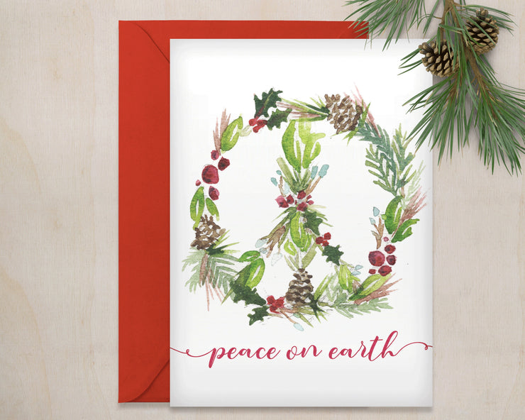 Peace on Earth holiday card, blank greeting card, peace sign art, christmas cards, watercolor flowers, christmas decorations, holiday art