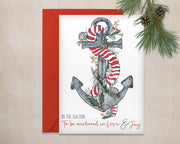 Christmas anchor blank greeting card, holiday art, nautical, christmas cards, love and joy, unique one of a kind card, christmas decorations