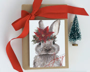 Poinsettia flower crown Bunny with Joy greeting, christmas card, animal christmas, cute holiday card,for bunny lovers, woodland rabbit art