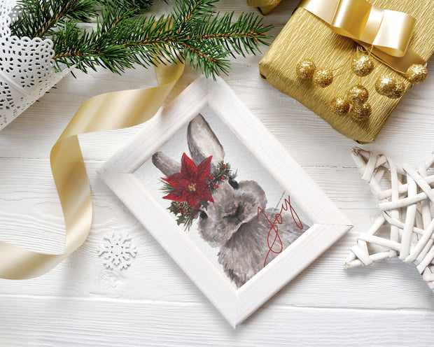 Poinsettia flower crown Bunny with Joy greeting, christmas card, animal christmas, cute holiday card,for bunny lovers, woodland rabbit art