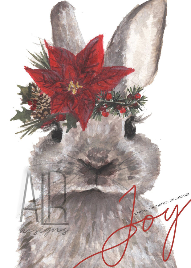 Poinsettia flower crown Bunny with Joy greeting, christmas card, animal christmas, cute holiday card,for bunny lovers, woodland rabbit art