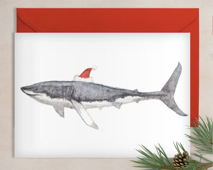 Santa Shark blank greeting card, nautical art, christmas cards, funny cards for kids, unique one of a kind card, christmas decorations