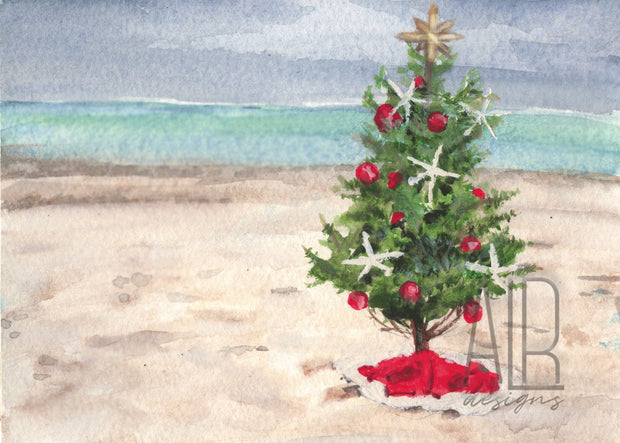 Beach Christmas tree greeting card, nautical christmas card,  christmas card, holiday card, christmas decoration, christmas art