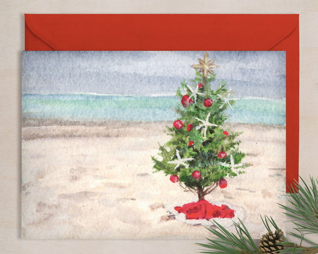Beach Christmas tree greeting card, nautical christmas card,  christmas card, holiday card, christmas decoration, christmas art