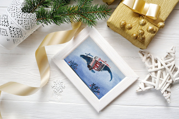 Whale Christmas Sweater greeting card, nautical art, cute christmas cards, funny christmas sweater card, christmas decoration