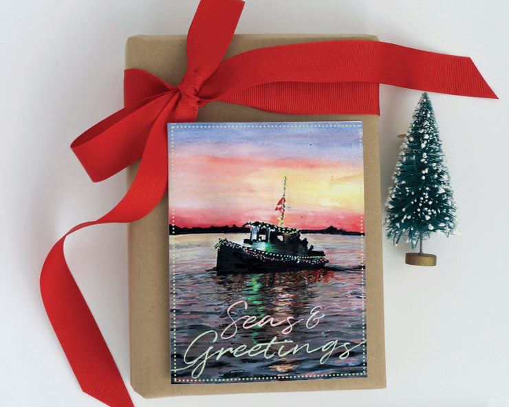 Tugboat Seas & Greetings card, nautical christmas card, holiday card nautical christmas, christmas decoration, beach christmas card,
