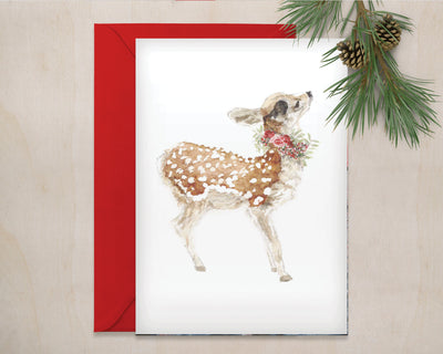 Festive Fawn holiday greeting card, holiday card, all occasions card, woodland animal card, baby deer art, thank you,