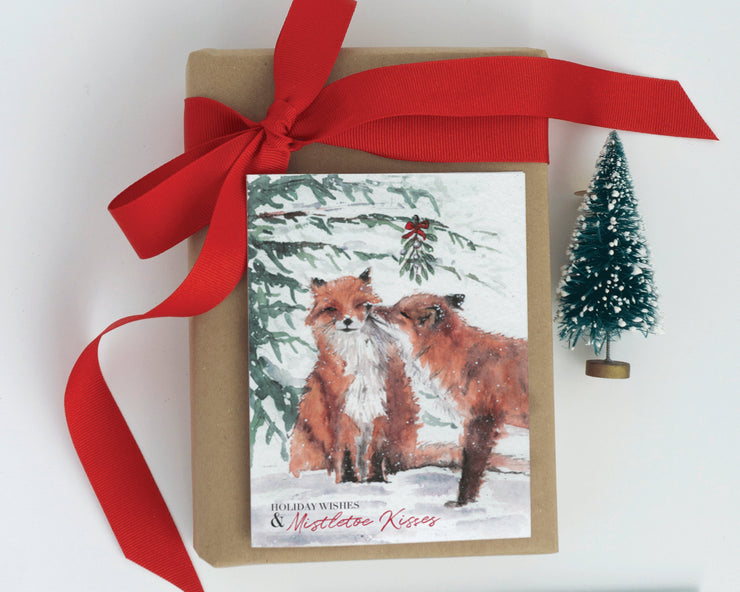 Fox kisses holiday greeting card, animal christmas, cute holiday card,for wife,card for husband, card for partner, woodland  art, couples