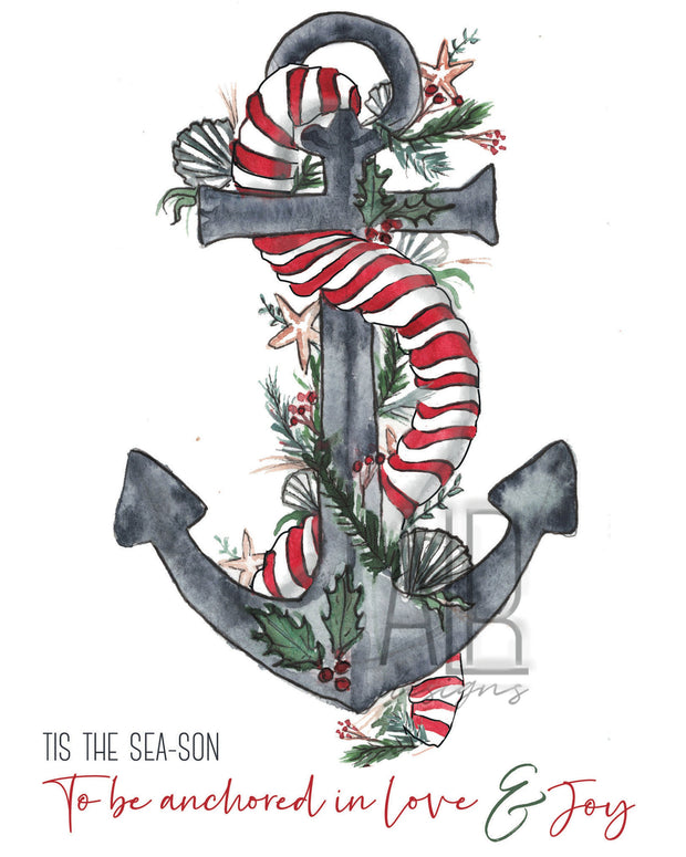 Christmas Anchor 8x10 & 5x7 Print, holiday print, nautical christmas print, christmas decorations, nautical holiday art, christmas art print