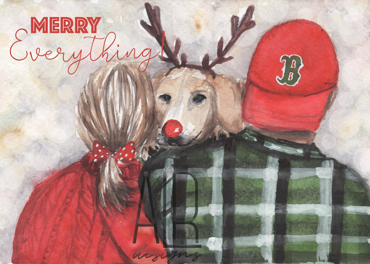 Merry Everything Boston Pup Christmas Greeting card, pet christmas, cute dog holiday card,for red sox card, boston holiday card