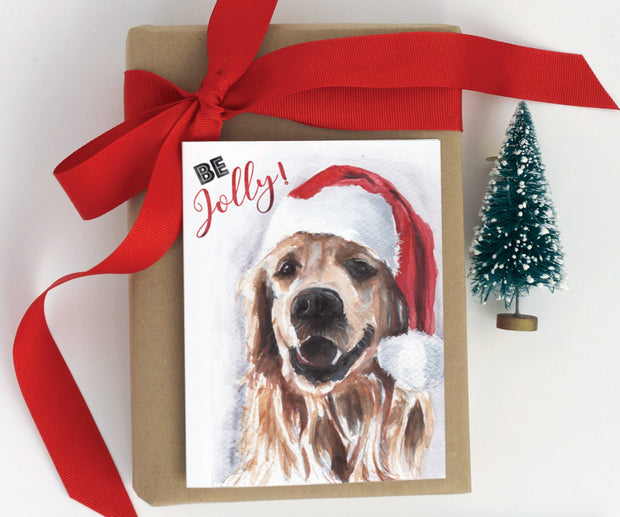 Be Jolly Golden Retriever Christmas greeting card, pet lover holiday card, cute christmas card,  christmas art, pet art, dog christmas card