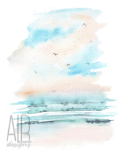 Peaceful Seascape, 8x10 and 5x7 art print , watercolor seascape, coastal art,  nautical decor, relaxing ocean wall art, beach art