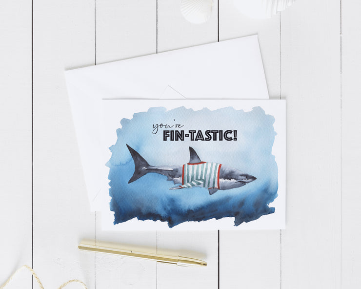 Fintastic Shark greeting card cute nautical pun, birthday card for kids, card for friend, valentines day card