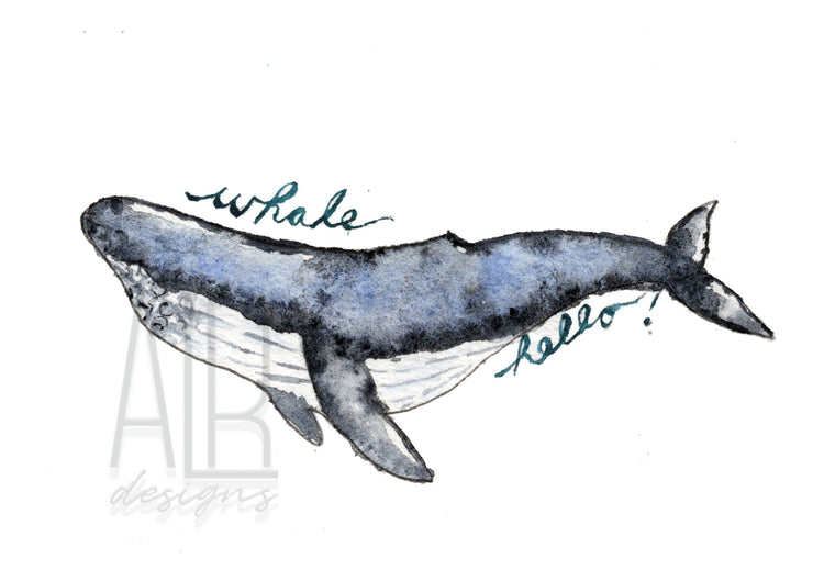 Whale Hello! watercolor whale greeting card print, cards to say hi, everyday cards, thank you cards, blank cards, pun cards, cute cards