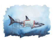 Watercolor Shark in Shirt , funny shark art, nautical wall art, cute coastal art,  kids bedroom art, home office