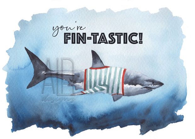Fintastic Shark greeting card cute nautical pun, birthday card for kids, card for friend, valentines day card