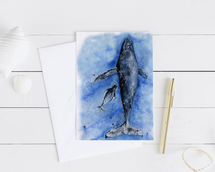 Whale Mom and Calf 5x7 Blank Greeting Card