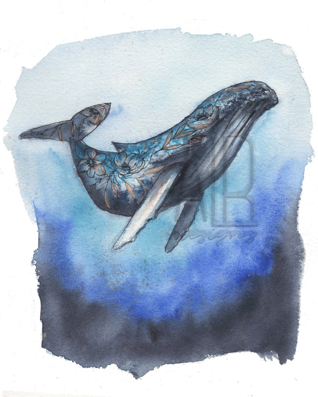 Floral Whale!  8x10 & 5x7 Print, art print,  wall art, coastal home decor,  nautical art,  whale art, floral watercolor art